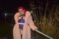 Out and about in my fur coat and lingerie flashing my tits, pussy and ass, 